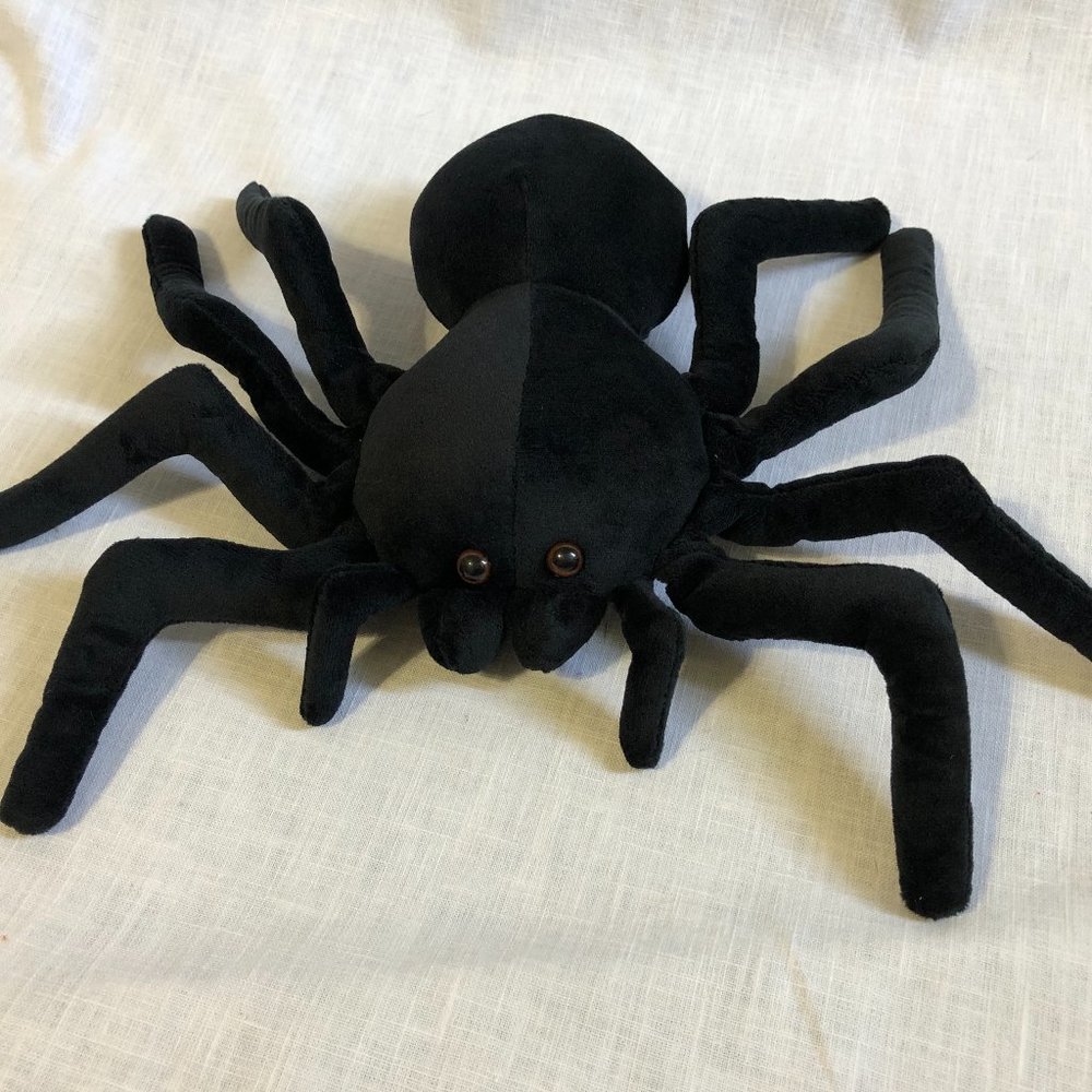 Black Spider Plush Fuzzy Stuffed Toy Spooky Halloween Decor Brown Eyes 7.5"